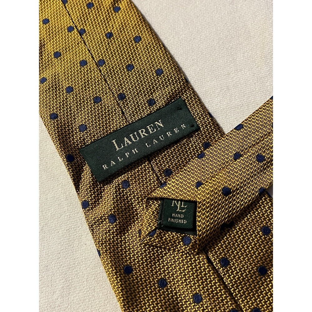 Lauren Ralph Lauren Vintage Gold Blue Polkadot Woven 100 % Silk Tie Necktie USA